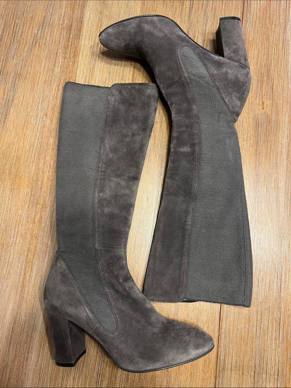 Stuart Weitzman Knee-High Taupe/Grey Suede Block Heel Boots